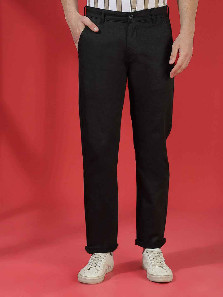 Jet Black 100% Cotton Geometric Print Straight Trousers