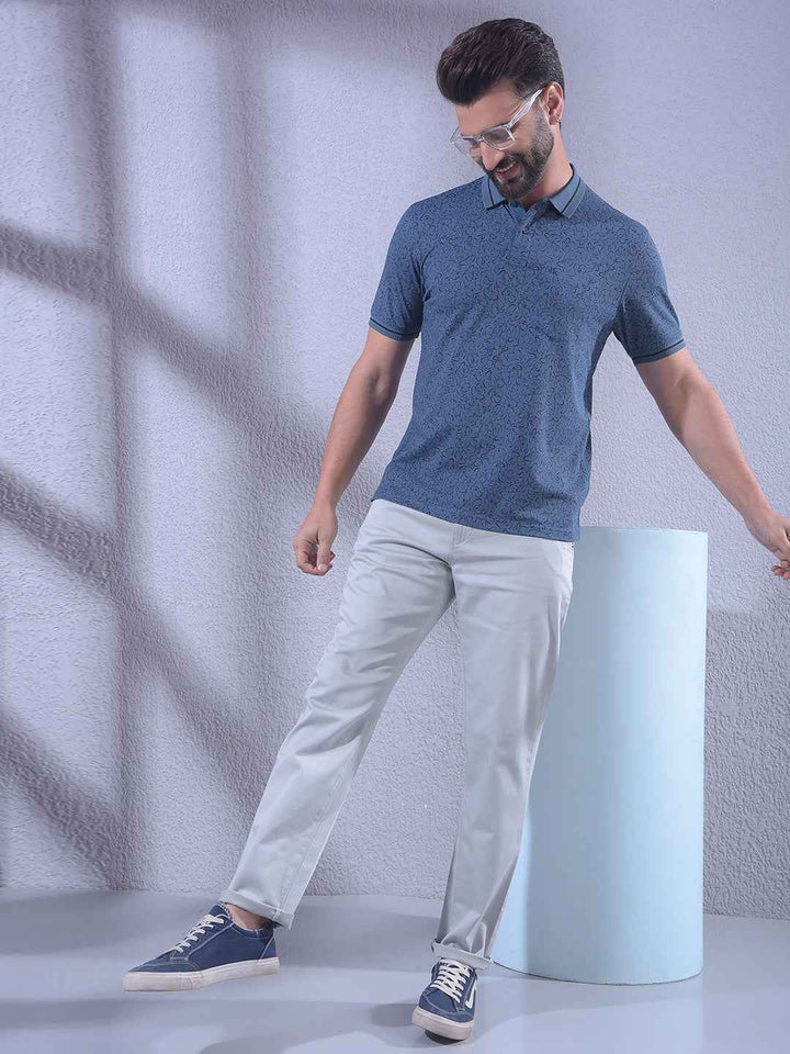 Navy Blue Floral Print Polo Neck T-Shirt