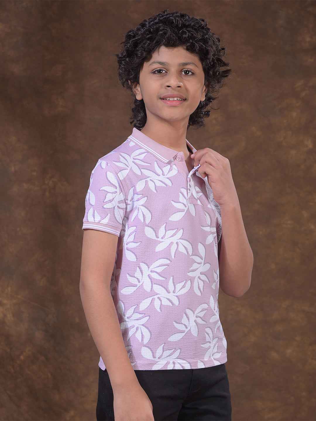 Purple Floral Print Polo Neck T-Shirt