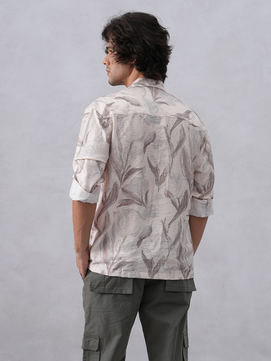 Beige Floral Print Resort-Collar Shirt
