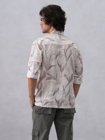 Beige Floral Print Resort-Collar Shirt