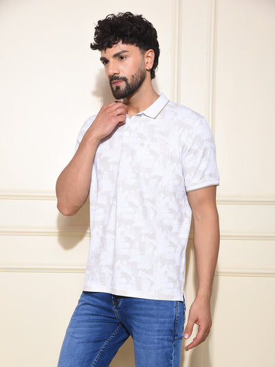 Beige Printed Polo-Neck T-Shirt