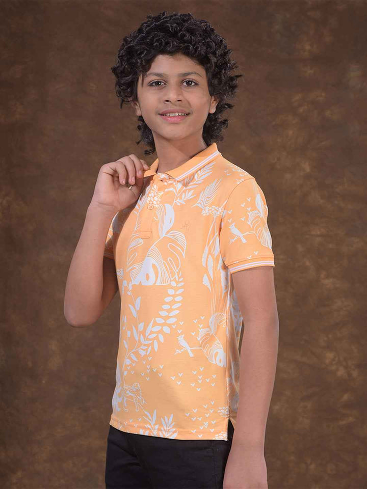 Peach Floral Print Polo Neck T-Shirt