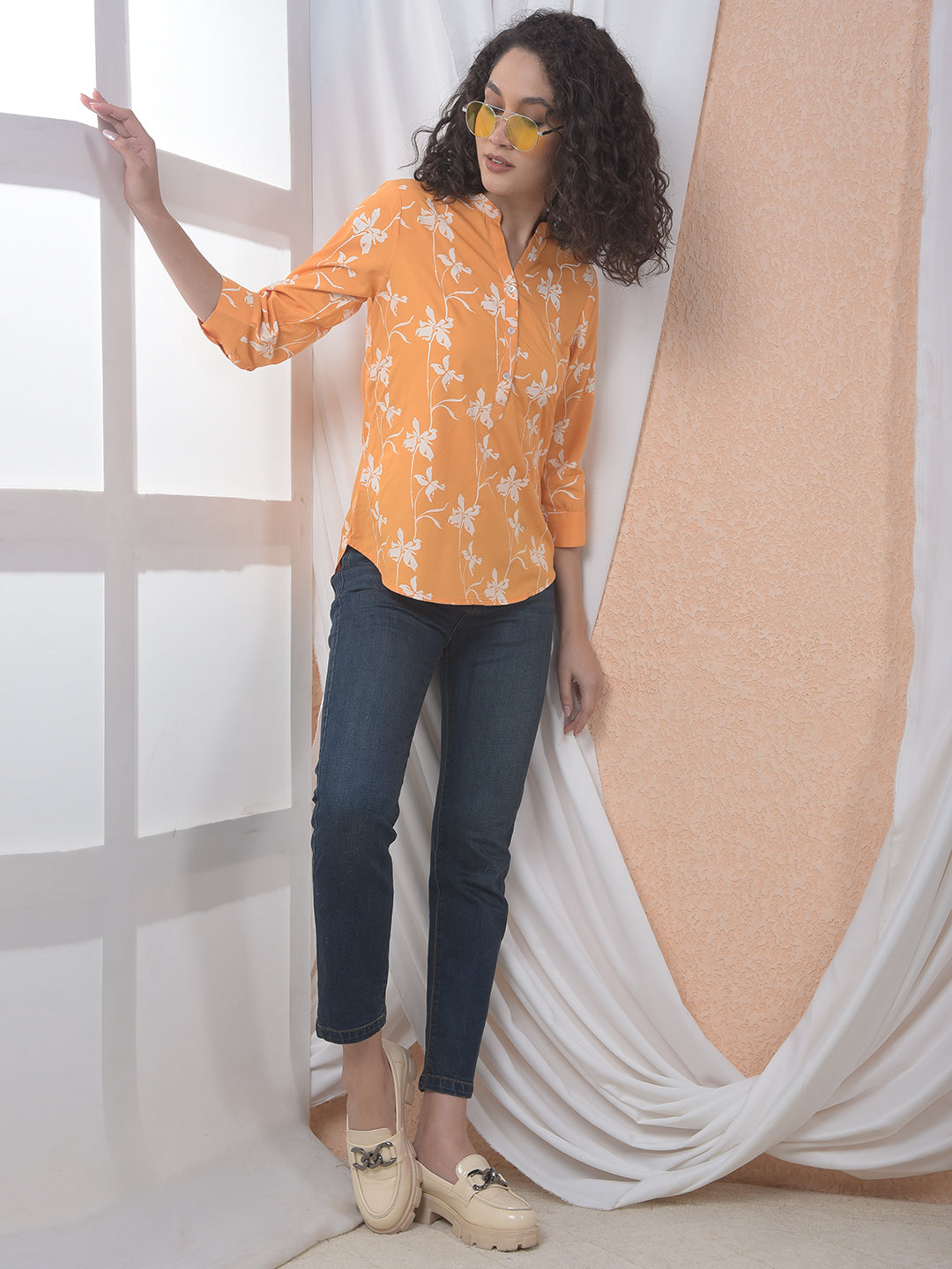 Orange Floral Printed Modal Top