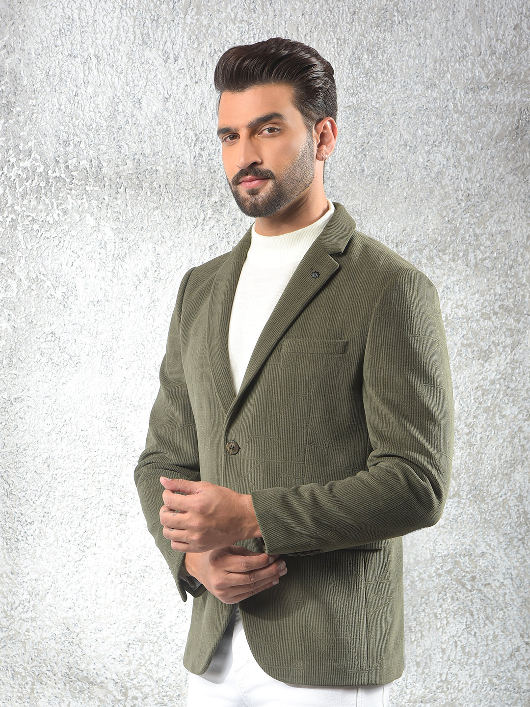 Olive Jacquard Notched Lapel Single-Breasted Blazer