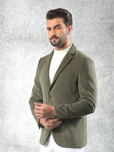 Olive Jacquard Notched Lapel Single-Breasted Blazer