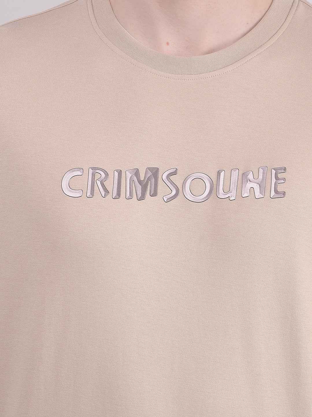 Beige Typographic 100% Cotton Oversize T-Shirt
