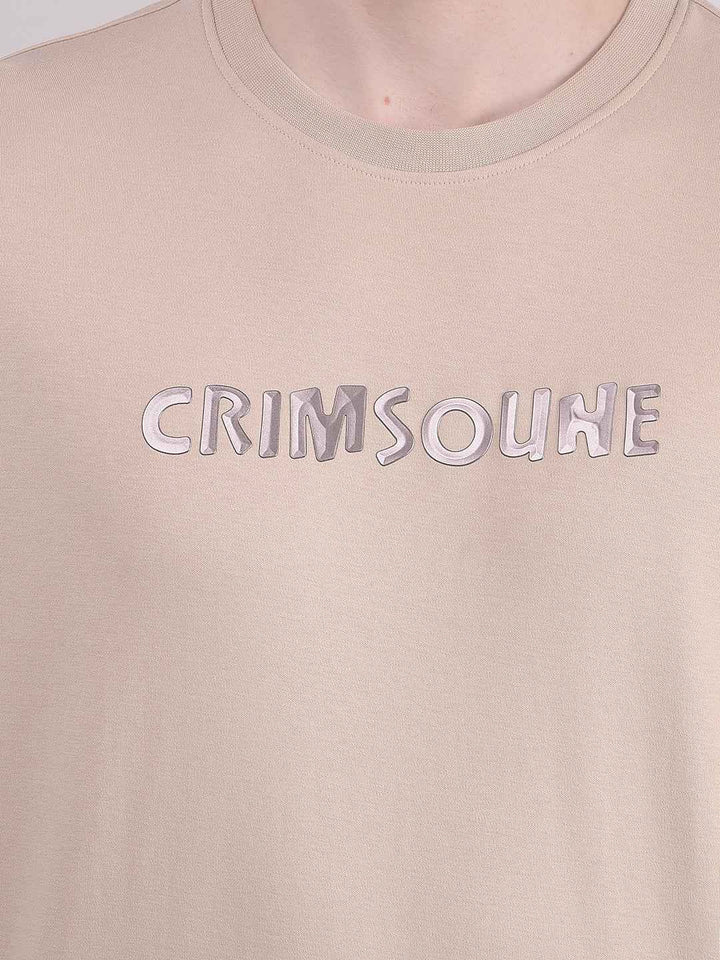 Beige Typographic 100% Cotton Oversize T-Shirt