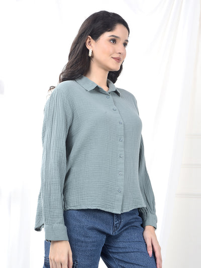 Sage Green Crinkled Textured Slim Fit Shirt