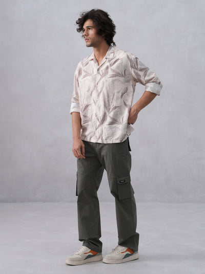 Beige Floral Print Resort-Collar Shirt