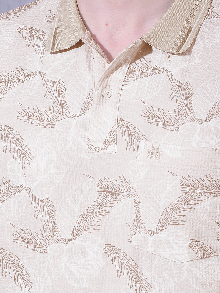 Beige Floral Print Polo Neck T-Shirt