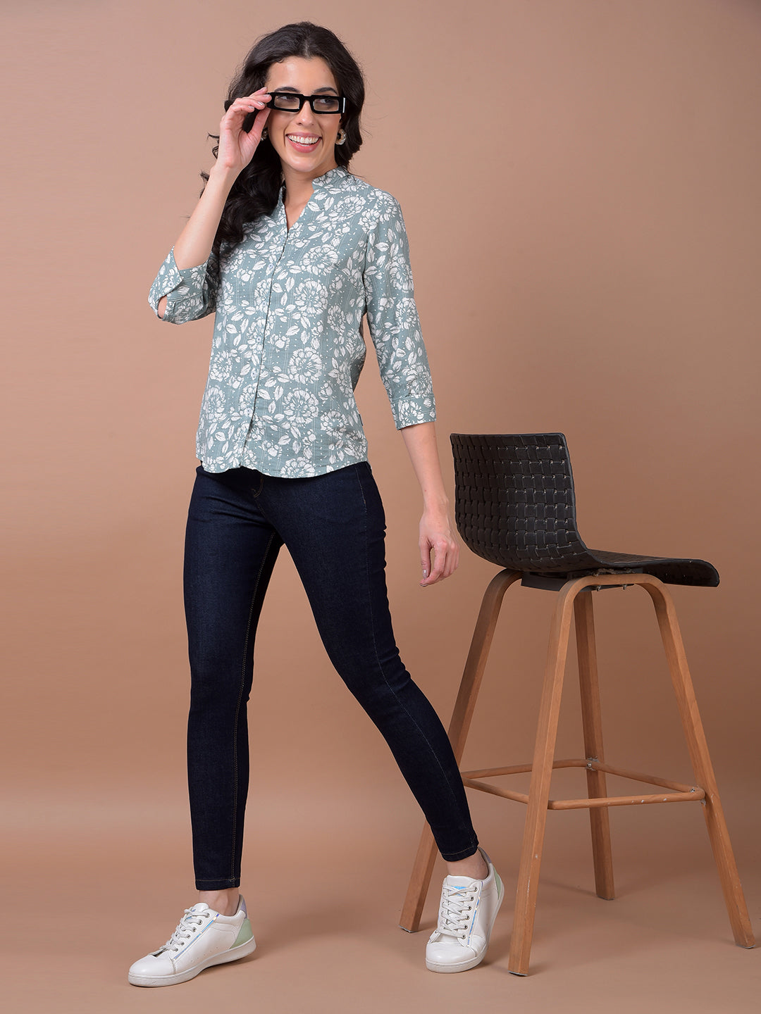 Green Floral Print 100% Cotton V-Neck Shirt