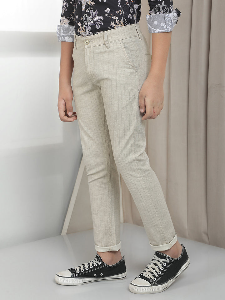 Beige Cotton Striped Stretchable Trousers
