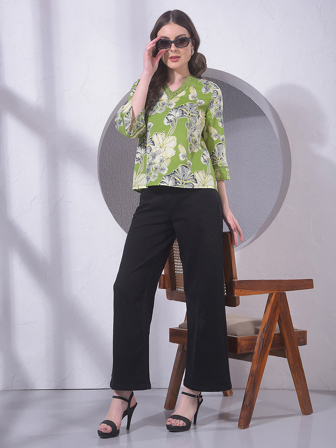 Green Floral Print V-Neck Top