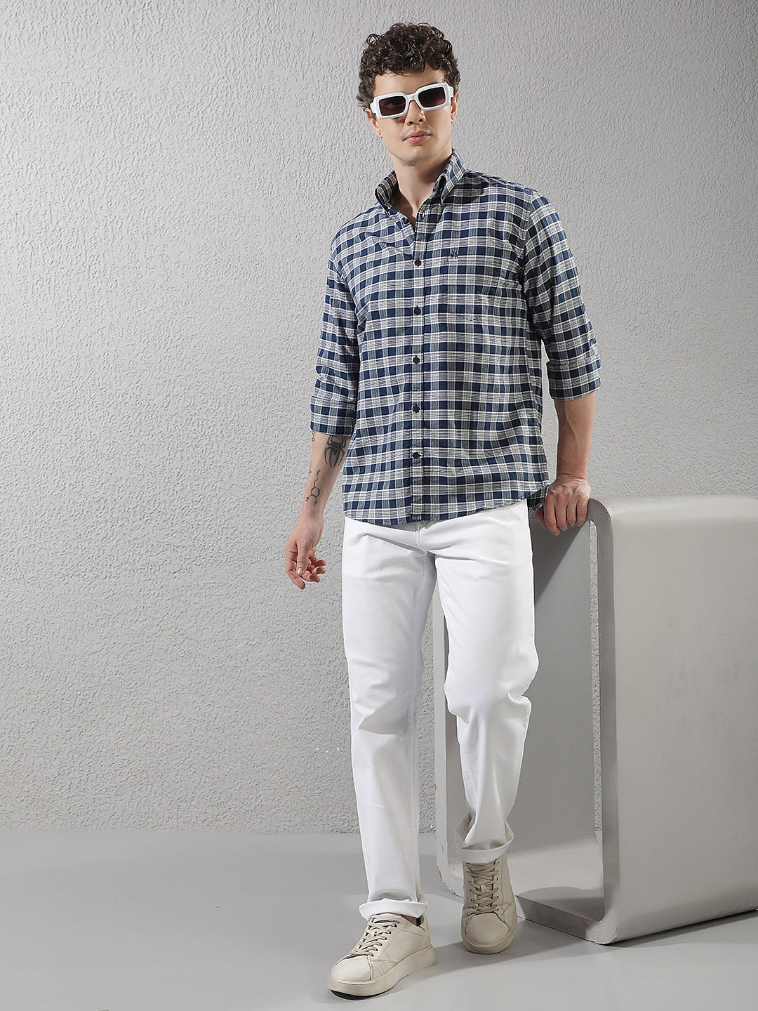 Navy Blue Checked Button-Down Collar 100% Cotton Shirt