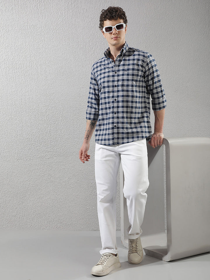 Navy Blue Checked Button-Down Collar 100% Cotton Shirt