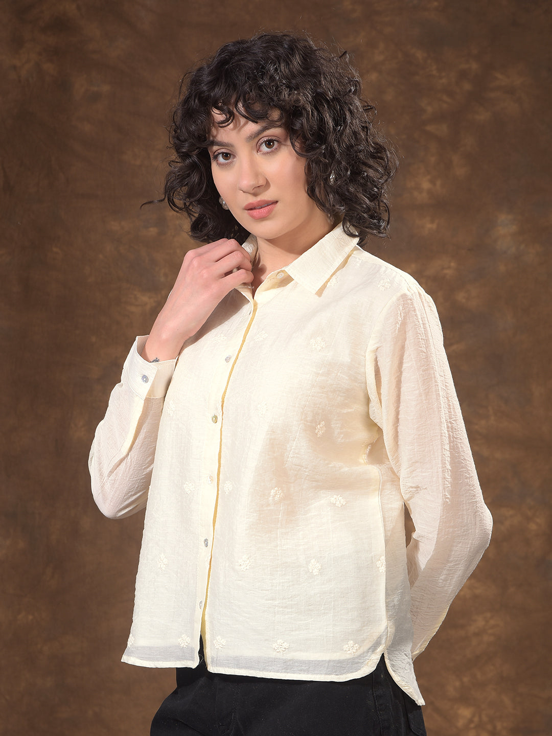 Cream Embroidered Semi-Sheer Shirt