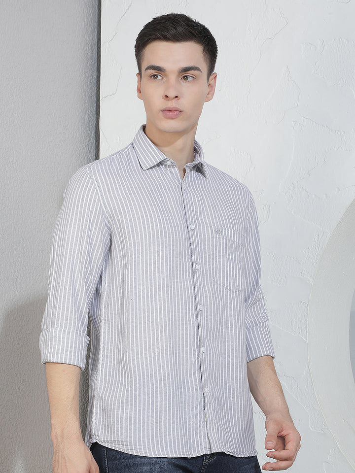 Grey Vertical Stripes Linen Shirt