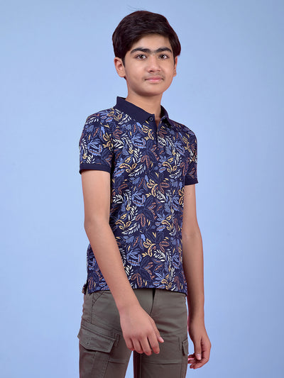 Blue Floral Print Polo Neck T-Shirt