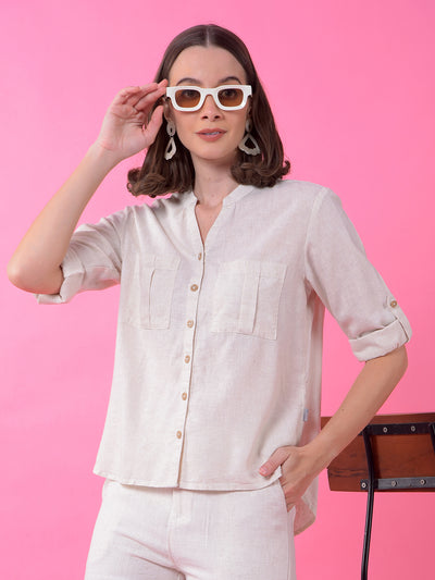 Off White V-Neck Linen Shirt