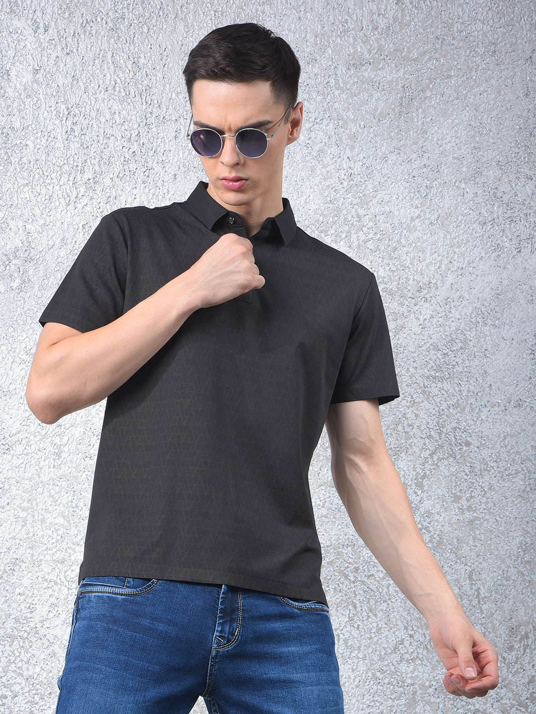 Black Printed Polo Neck T-Shirt