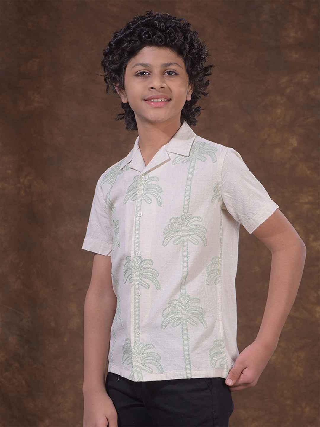 Green Embroidered Resort-Collar Linen Shirt