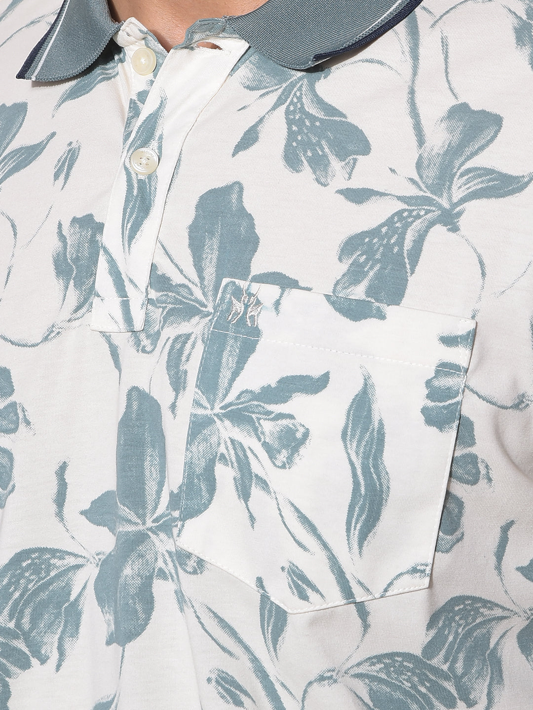 Green Floral Print Polo-Neck T-Shirt