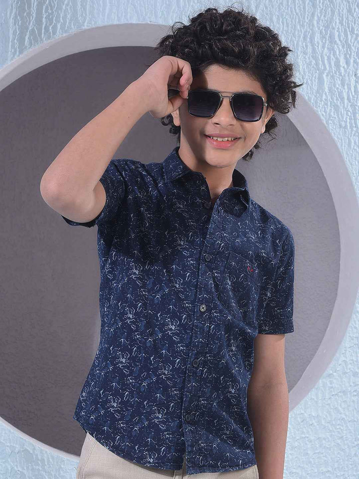 Navy Blue Floral Print 100% Cotton Shirt