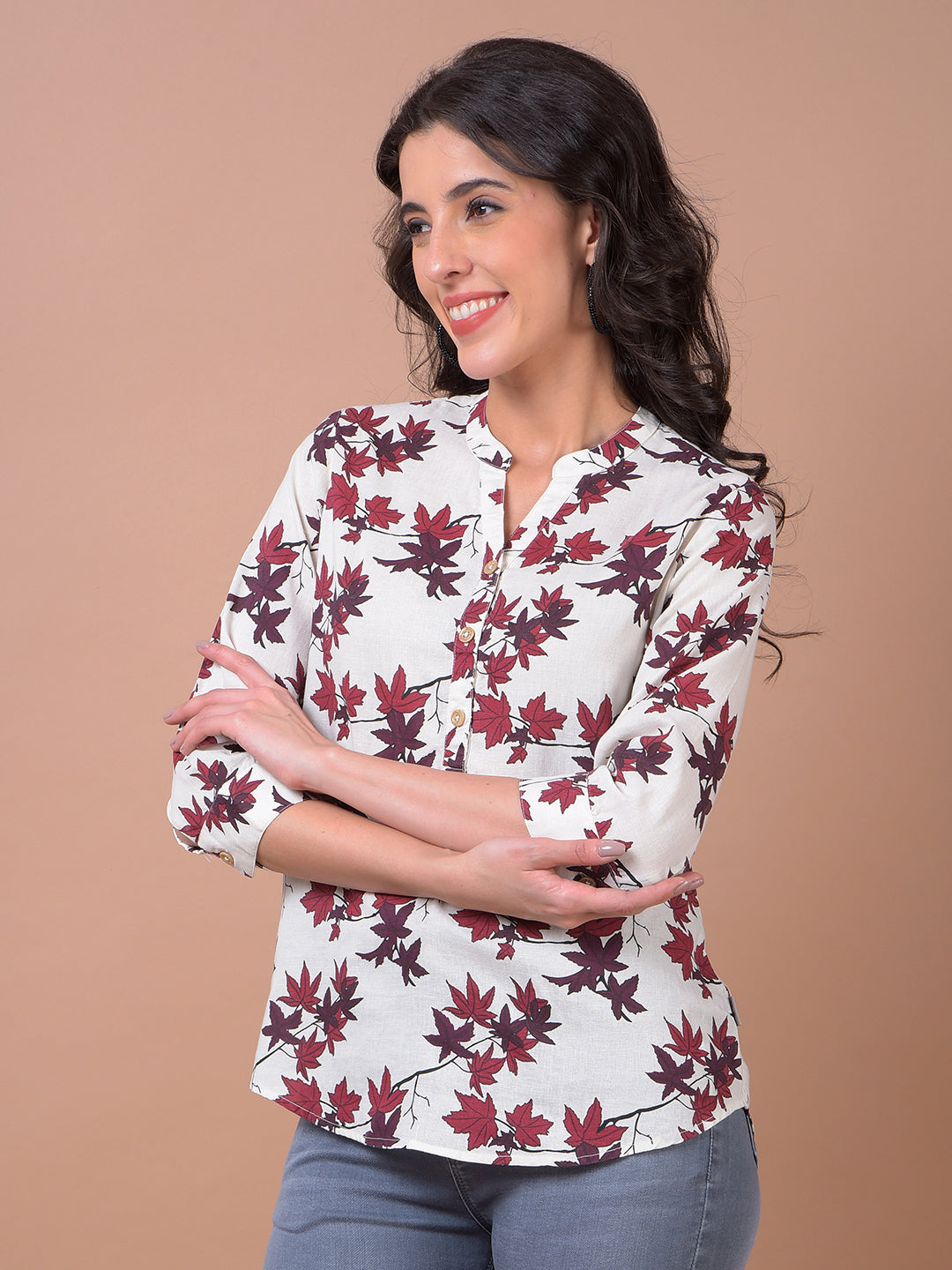 White Floral Print V-Neck Linen Top
