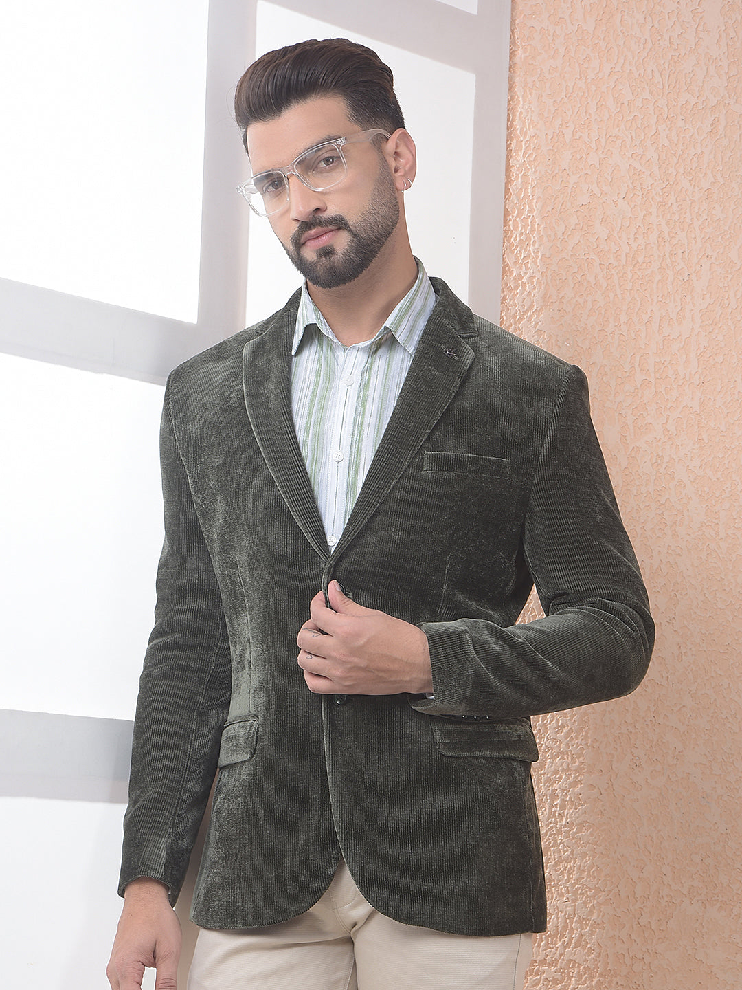 Green Notched Lapel Corduroy Blazer