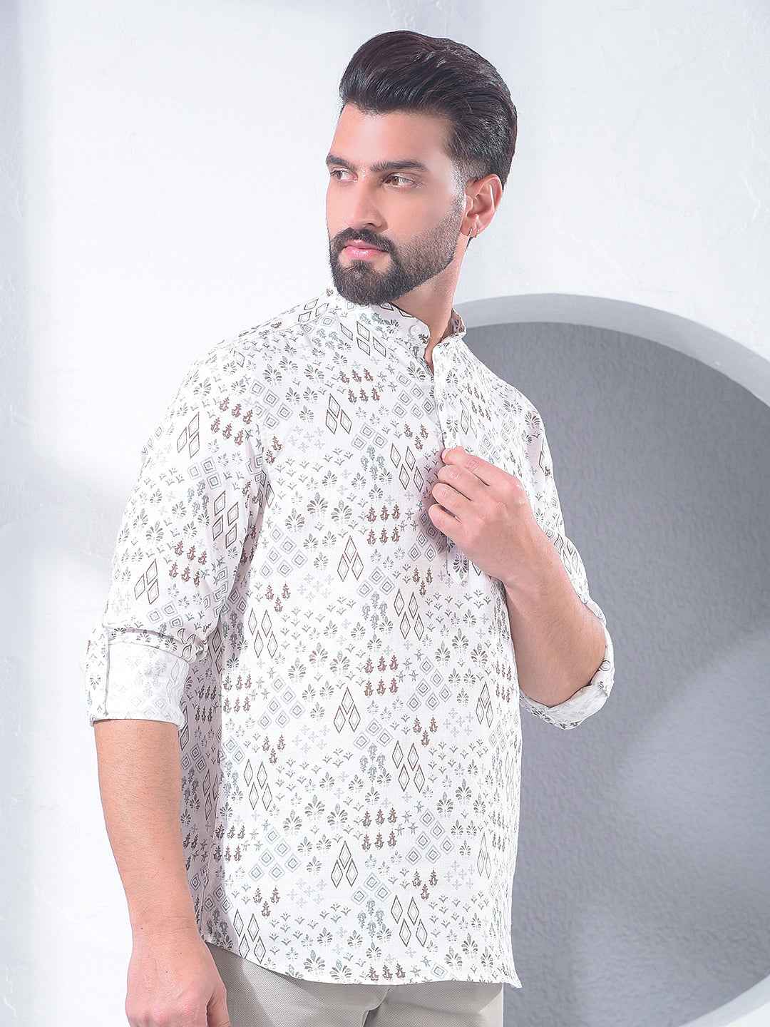 White Printed Linen Kurta