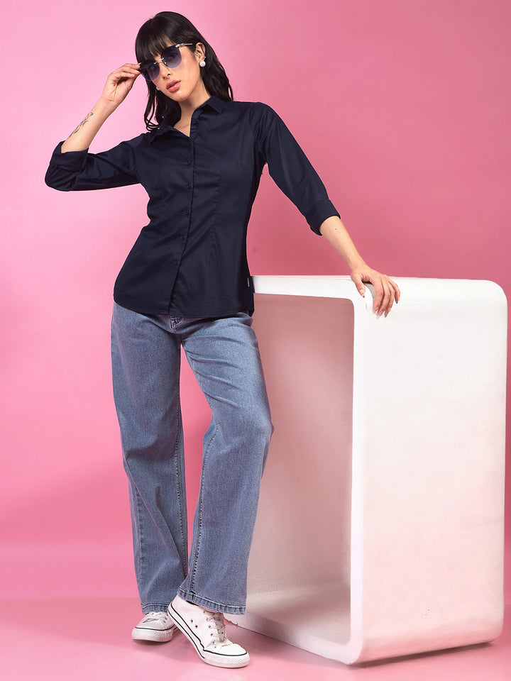 Vibrant Navy Blue Shirt – Go For Effortless Style-Women Shirts-Crimsoune Club