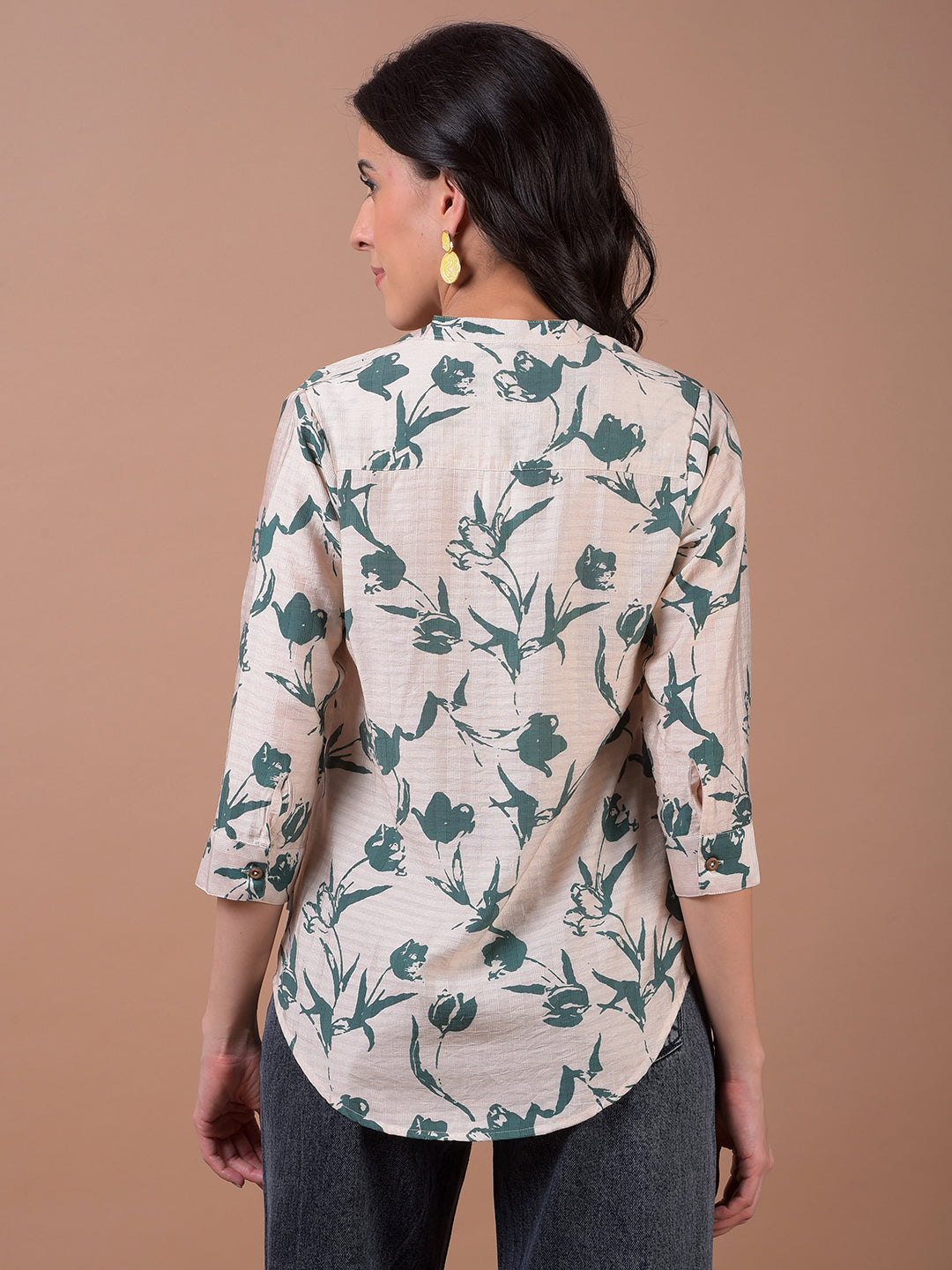Green Floral Print V-Neck Shirt