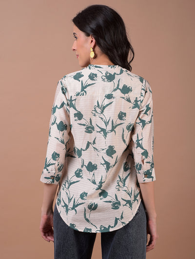 Green Floral Print V-Neck Shirt