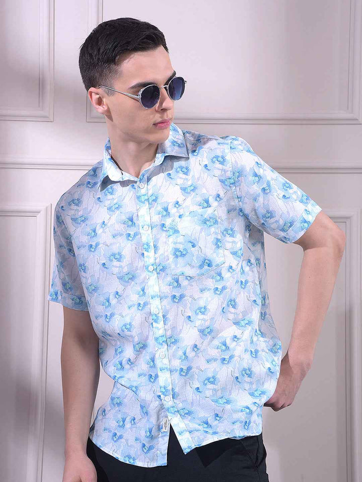 Blue Linen Floral Print Shirt