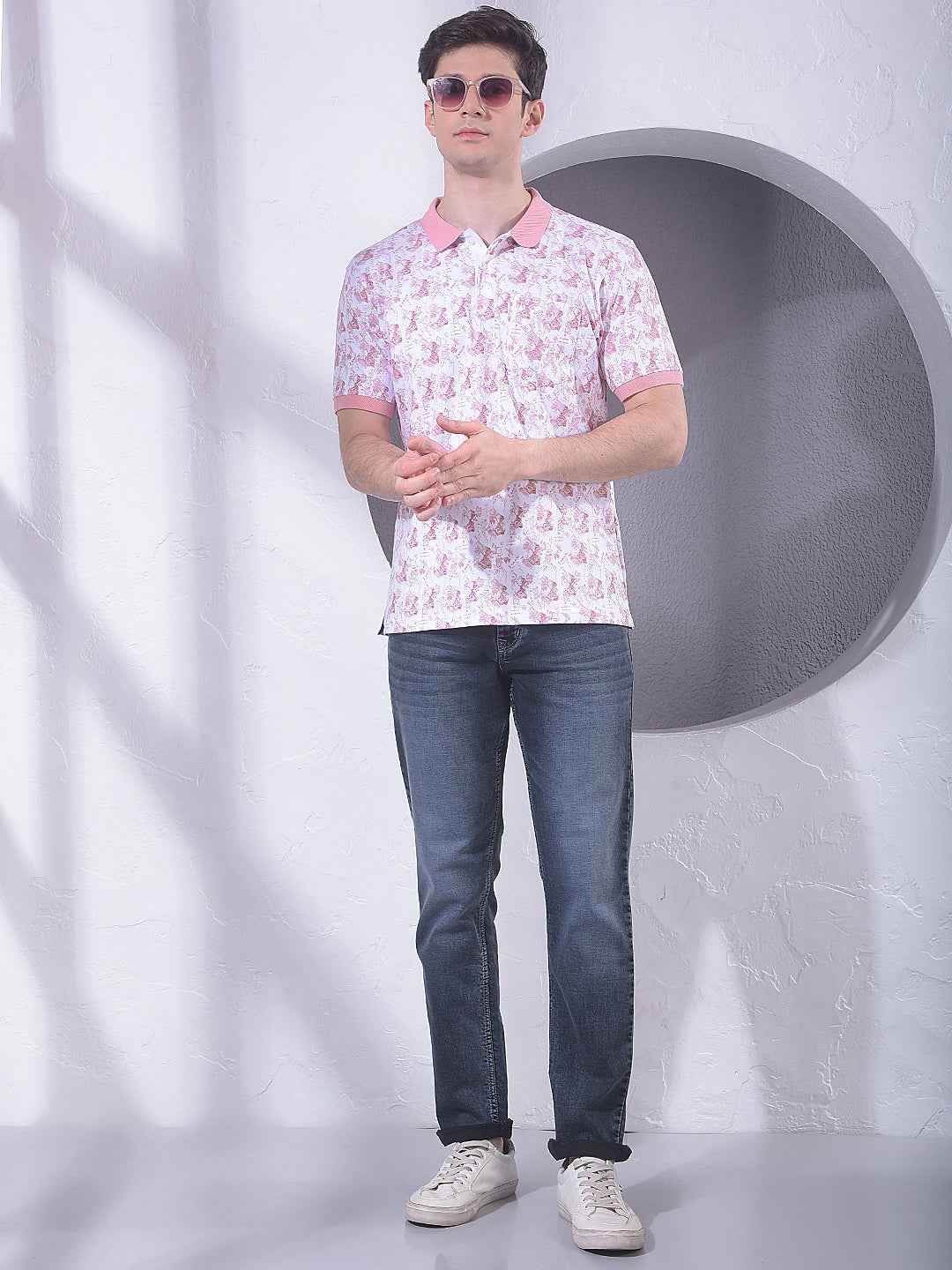 Pink 100% Cotton Geometric Print Polo T-Shirt