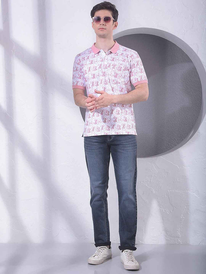 Pink 100% Cotton Geometric Print Polo T-Shirt