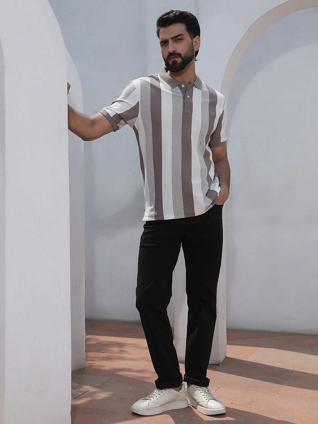 Grey Vertical Striped Polo Neck T-Shirt