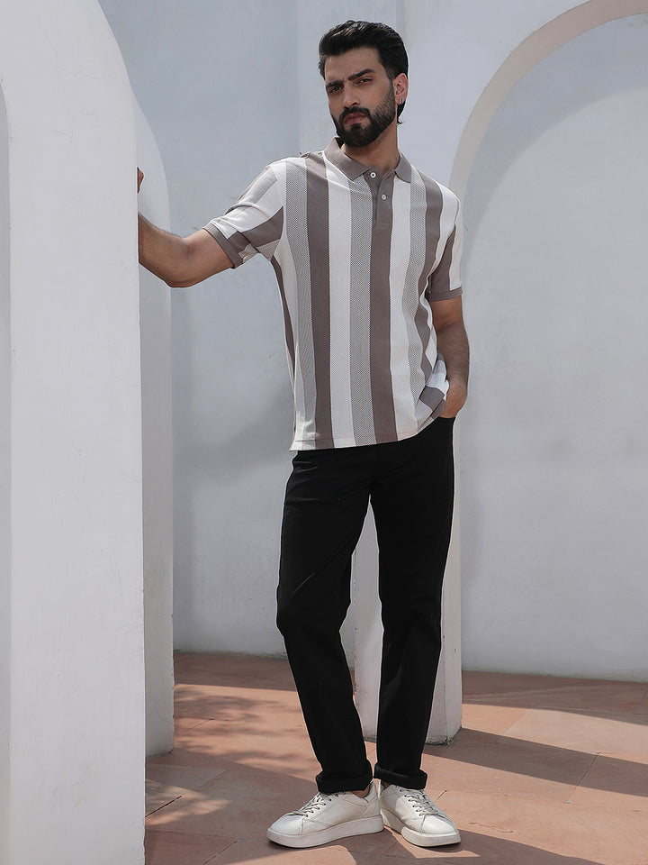 Grey Vertical Striped Polo Neck T-Shirt