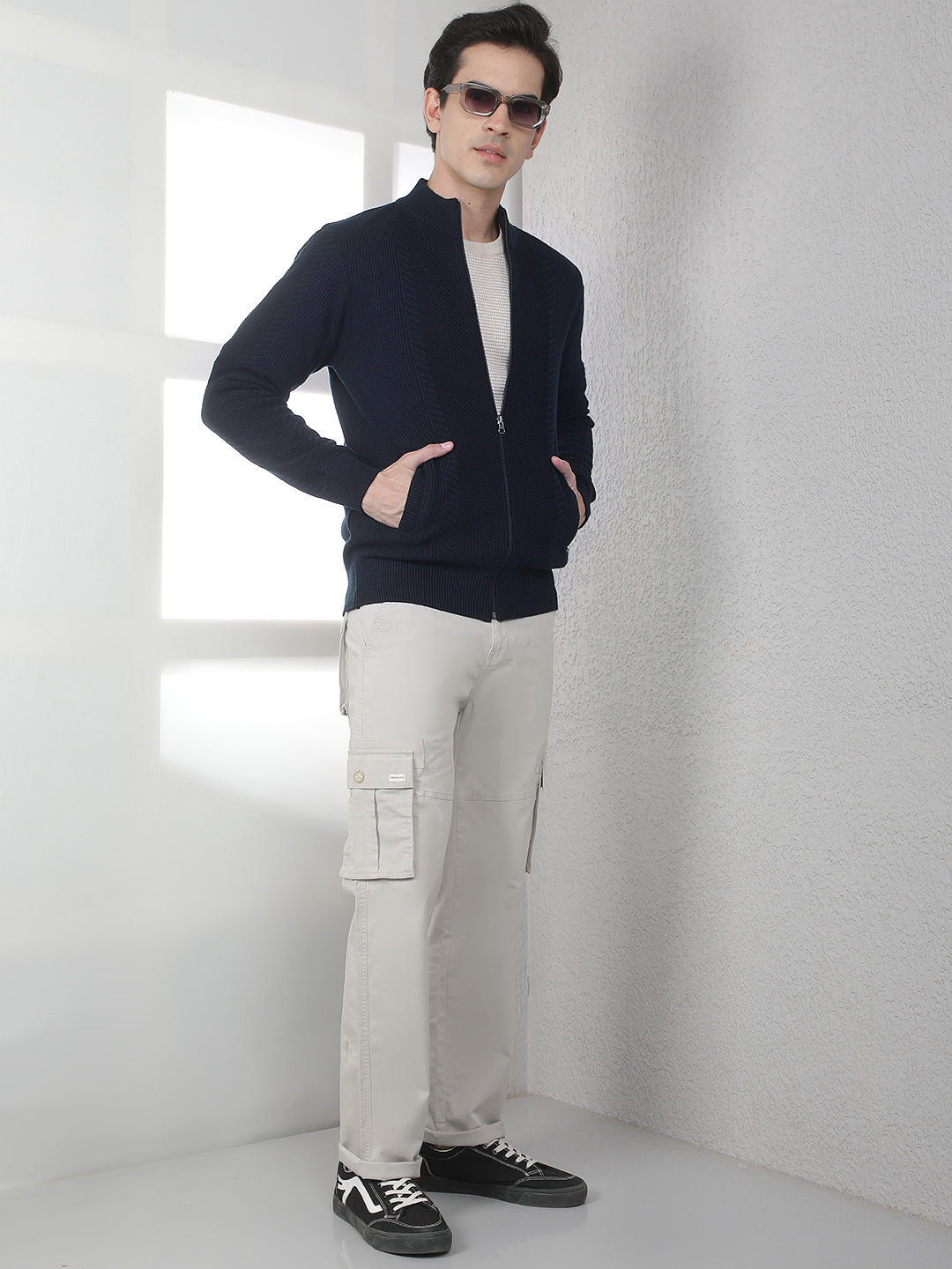 Navy Blue Jacquard Knitted Cardigan