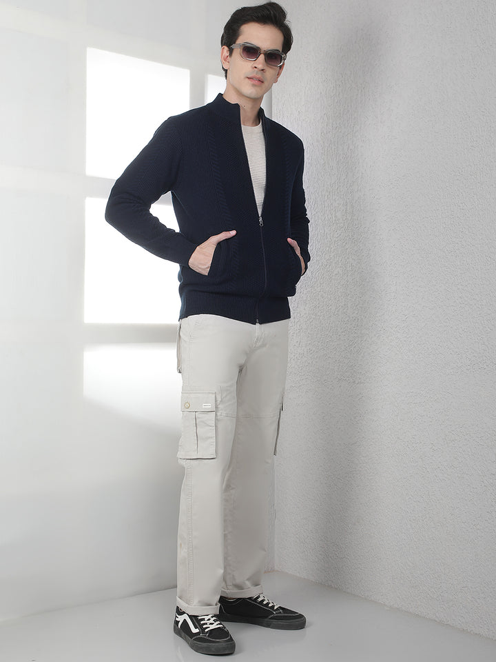 Navy Blue Jacquard Knitted Cardigan