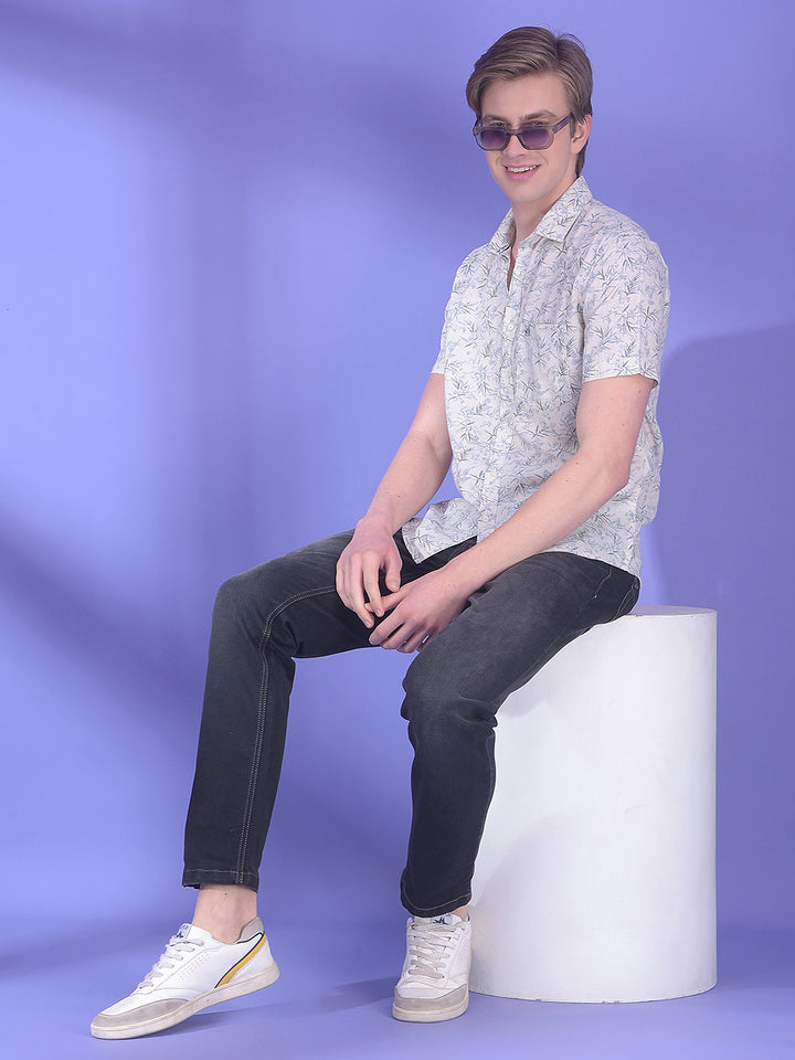 Blue Floral Print Linen Shirt