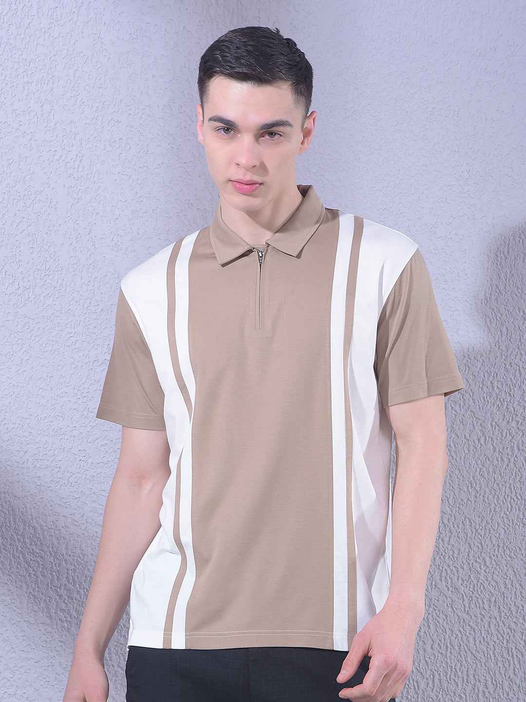 Beige Color-Blocked Polo Neck T-Shirt with Zip Closure