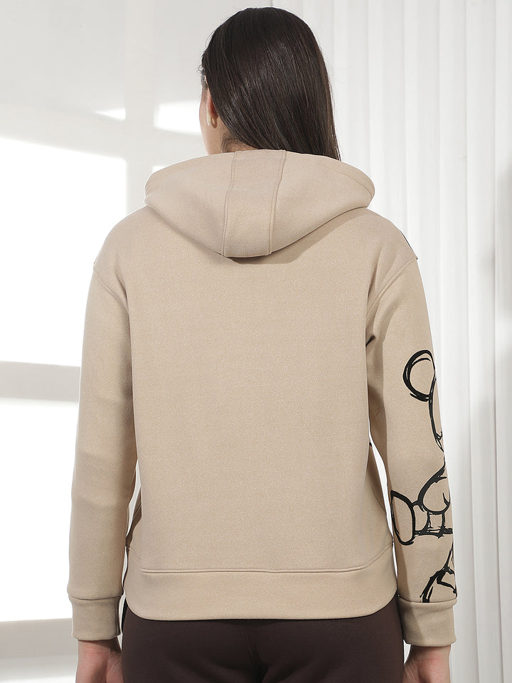 Beige Graphic Print Hooded Sweatshirt