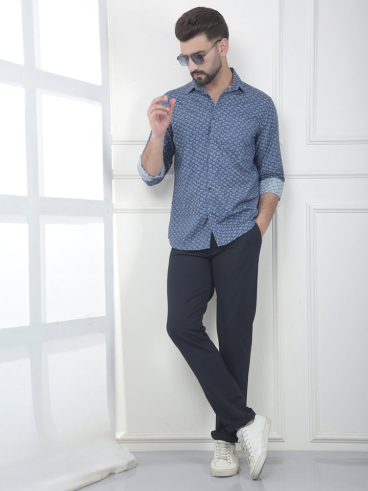 Blue Floral Print 100% Cotton Shirt