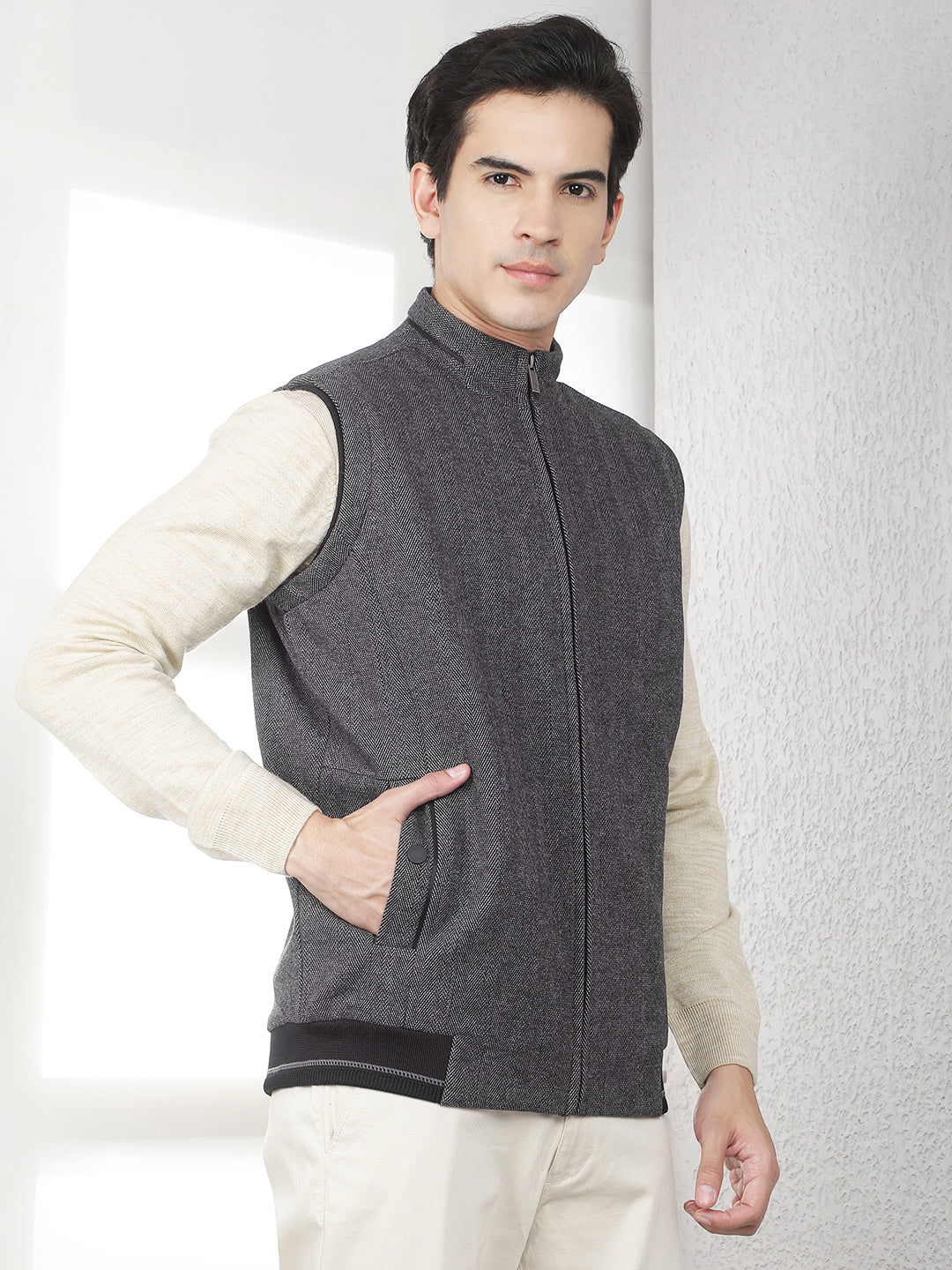 Black Checked High Neck Sleeveless Jacket