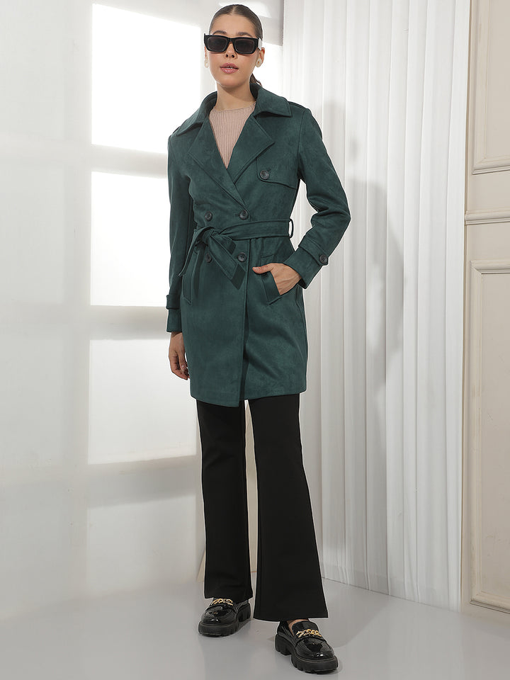 Green Mid-Thigh Trench Coat With Belt