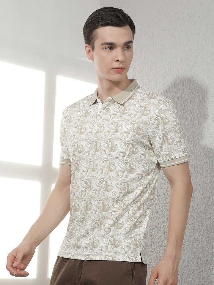 Beige Paisley Print Polo T-Shirt