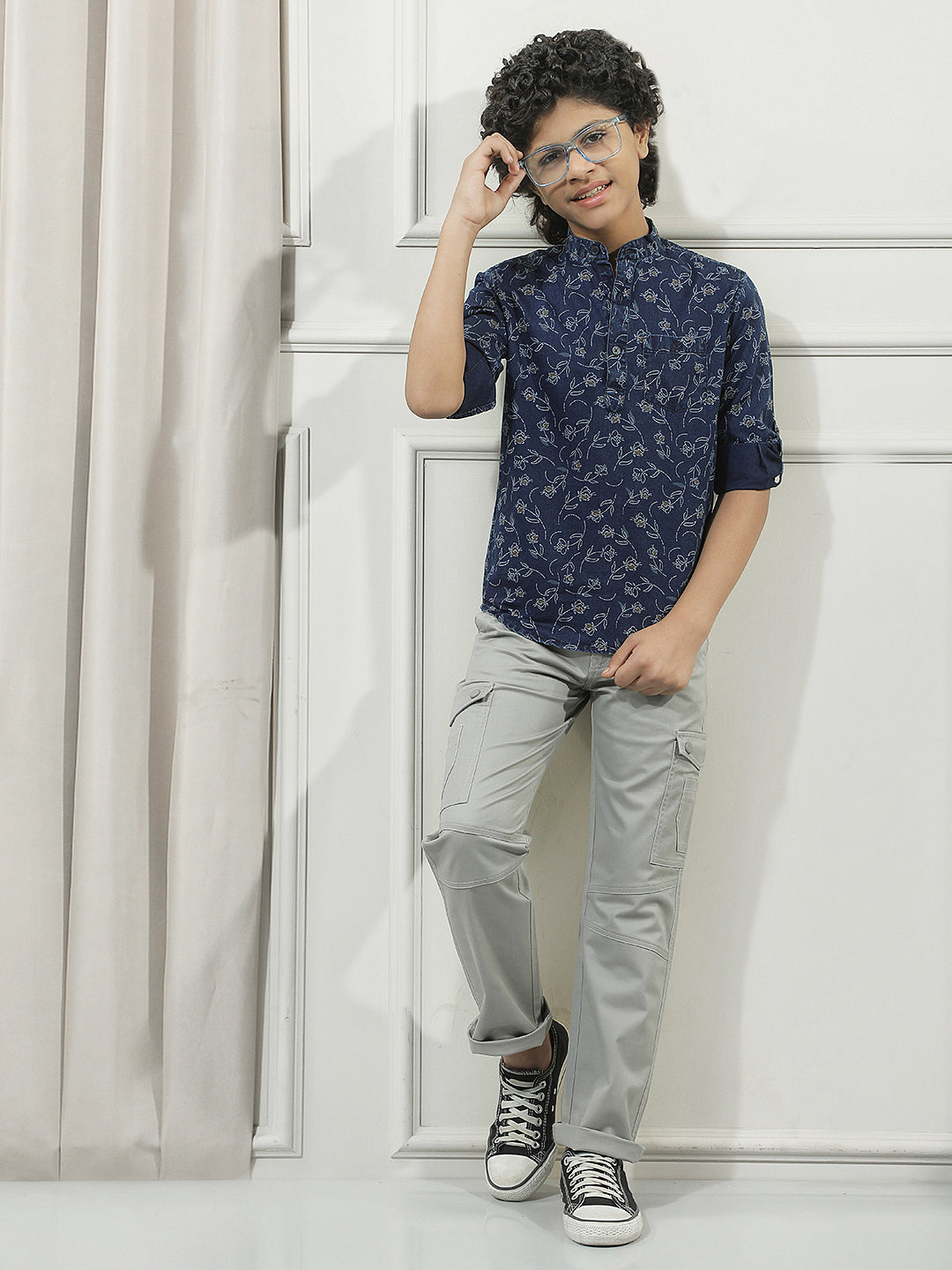 Navy Blue 100% Cotton Graphic Print Mandarin Neck Kurta
