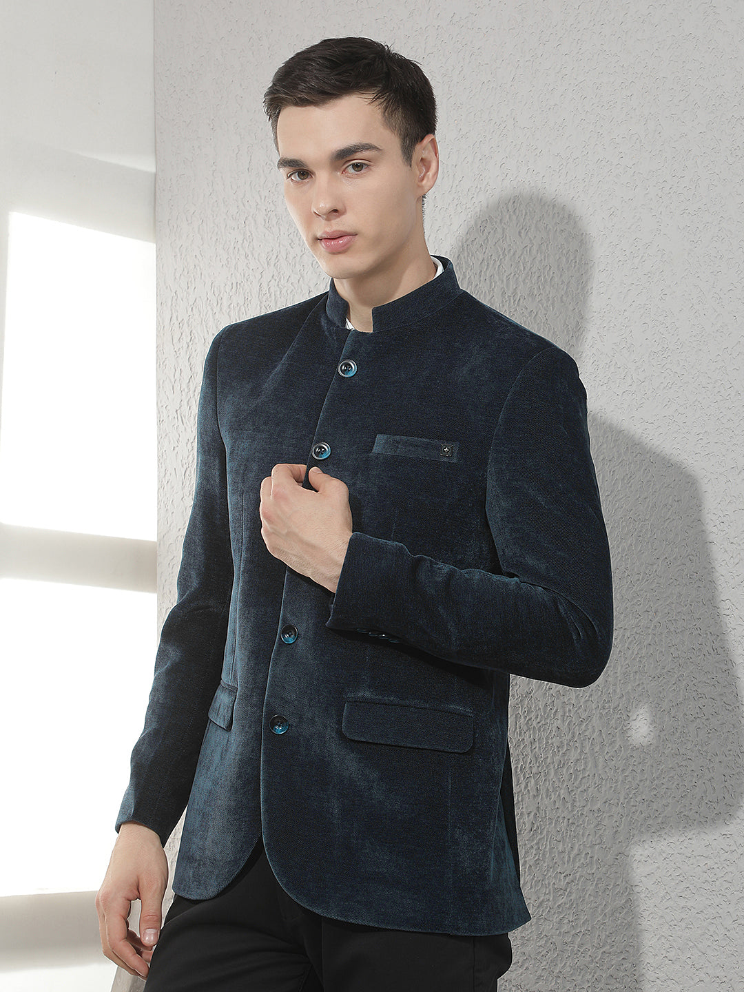 Navy Blue Mandarin Neck Blazer